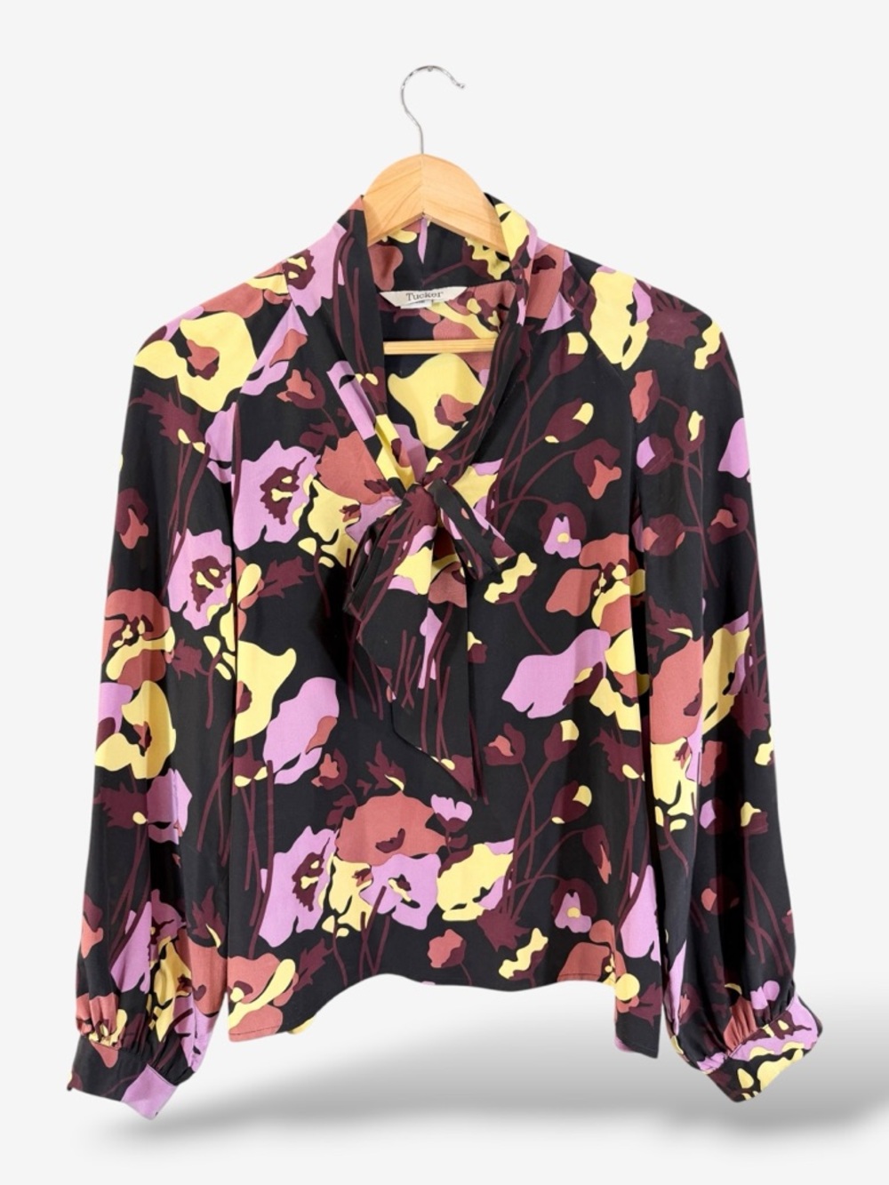 Tucker Silk Tie Neck Blouse Size P (XS) Black Purple Floral Long Sleeve Flowy